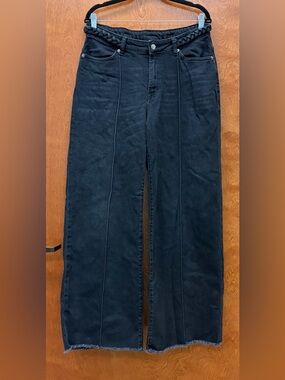 WRAP LONDON JEANS FADED BLACK MID RISE FRAYED HEM BRAIDED BELT FLARE LONG INSEAM